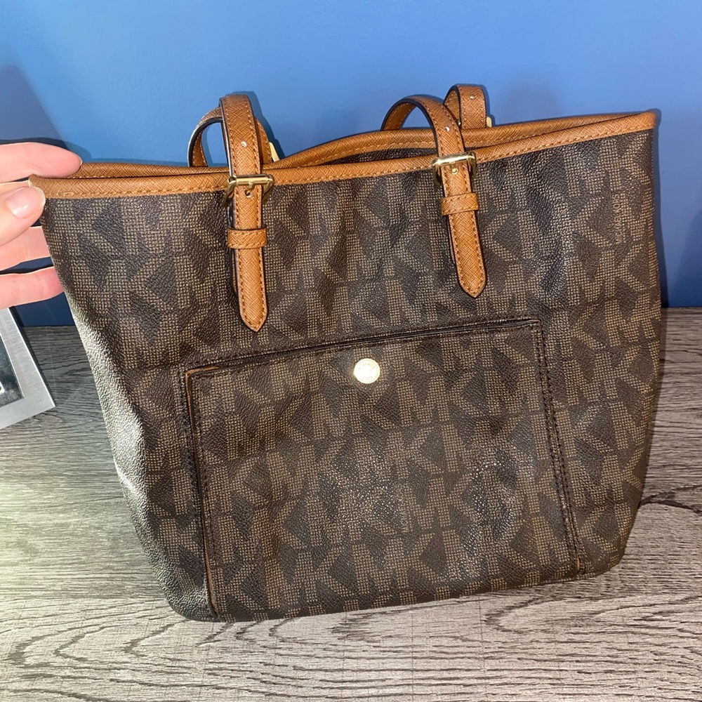 Michael Kors Brown Tote Bag with Monogram Pattern and Leather Trim